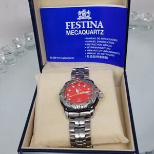 Festina Kinetic Mecaquartz Watch Ref. 6542 Red Dial Stainless Unisex NEW In Box